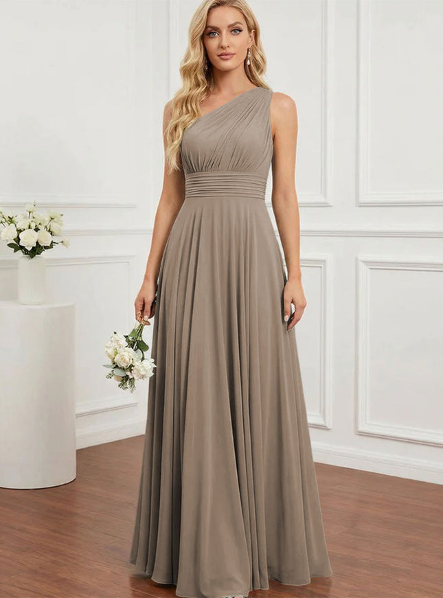 Chiffon One Shoulder Pleated Bridesmaid Dresses with Back Tie