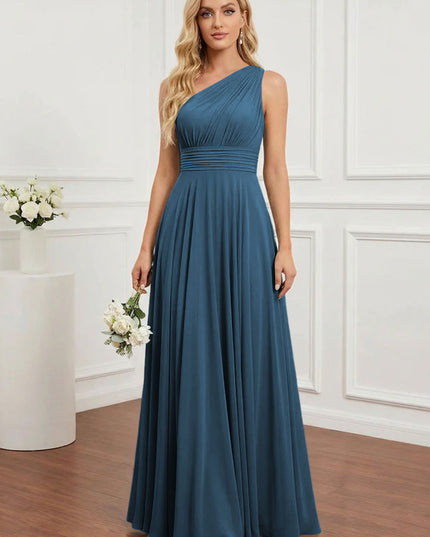 Chiffon One Shoulder Pleated Bridesmaid Dresses with Back Tie