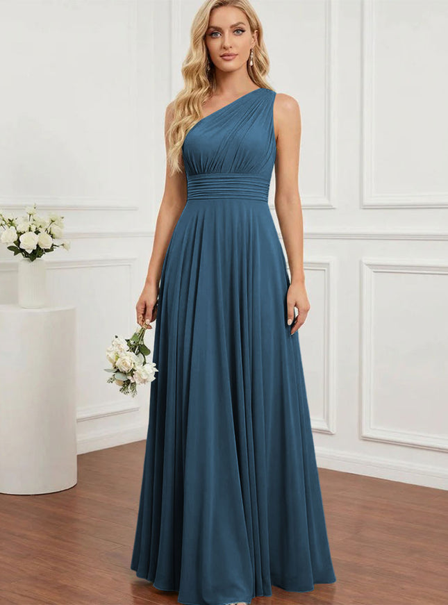 Chiffon One Shoulder Pleated Bridesmaid Dresses with Back Tie