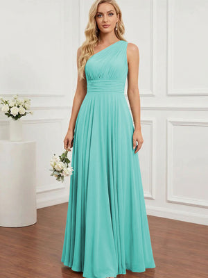Chiffon One Shoulder Pleated Bridesmaid Dresses with Back Tie