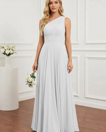 Chiffon One Shoulder Pleated Bridesmaid Dresses with Back Tie