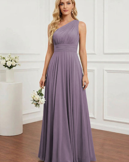 Chiffon One Shoulder Pleated Bridesmaid Dresses with Back Tie