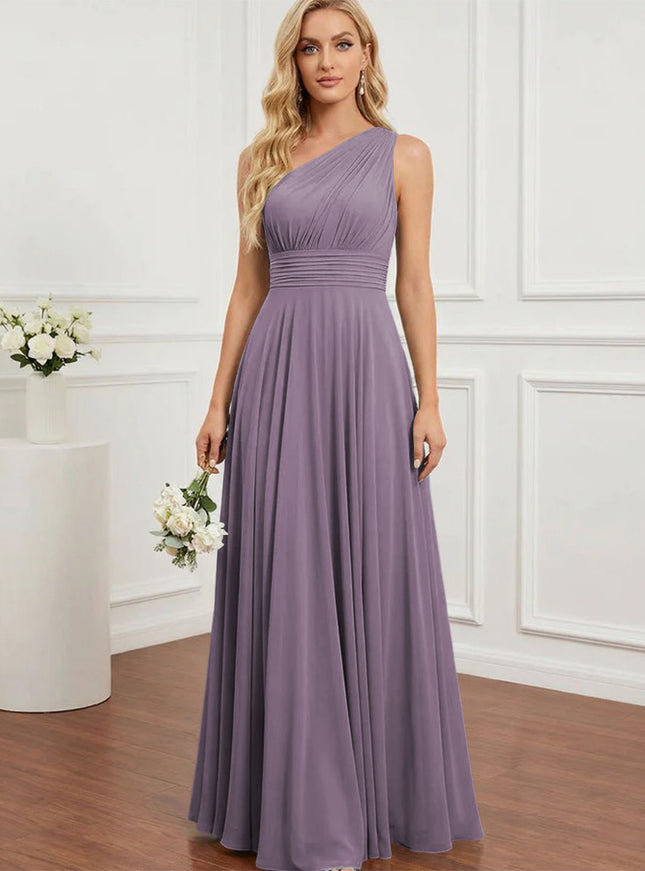 Chiffon One Shoulder Pleated Bridesmaid Dresses with Back Tie
