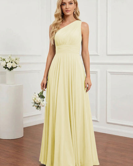 Chiffon One Shoulder Pleated Bridesmaid Dresses with Back Tie