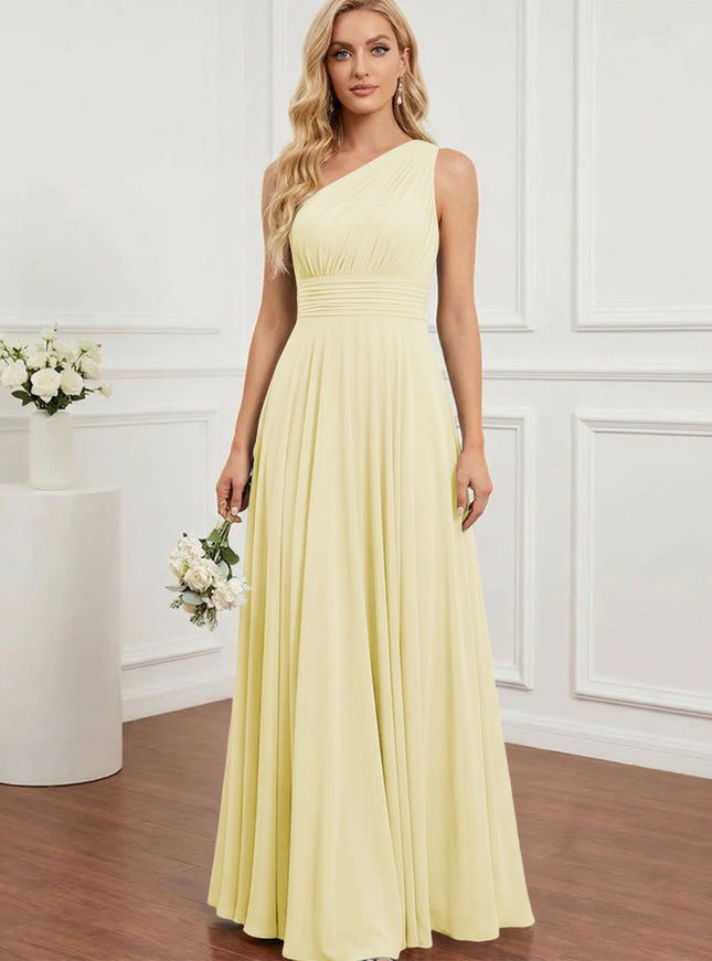 Chiffon One Shoulder Pleated Bridesmaid Dresses with Back Tie