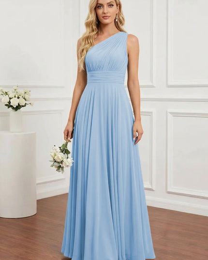 Chiffon One Shoulder Pleated Bridesmaid Dresses with Back Tie