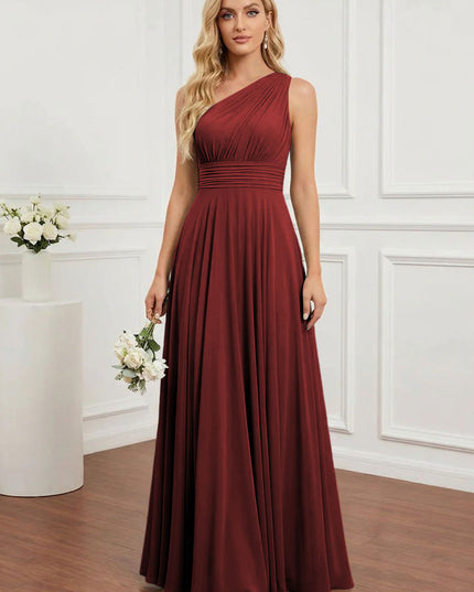 Chiffon One Shoulder Pleated Bridesmaid Dresses with Back Tie