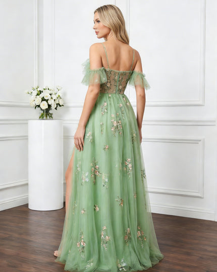 Tulle Ruffles Off Shoulder Prom Dresses Floral Spring Gowns