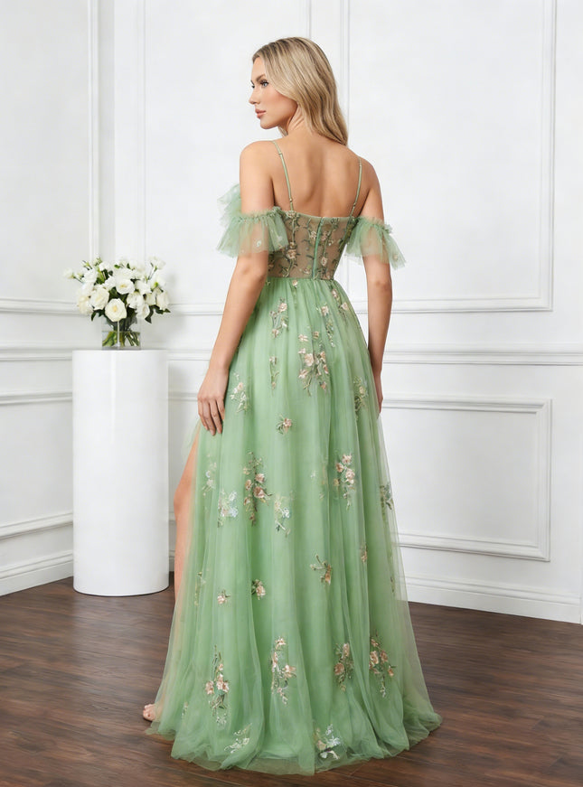 Tulle Ruffles Off Shoulder Prom Dresses Floral Spring Gowns
