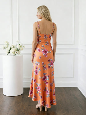 Satin Floral Spaghetti Straps Wedding Guest Dresses