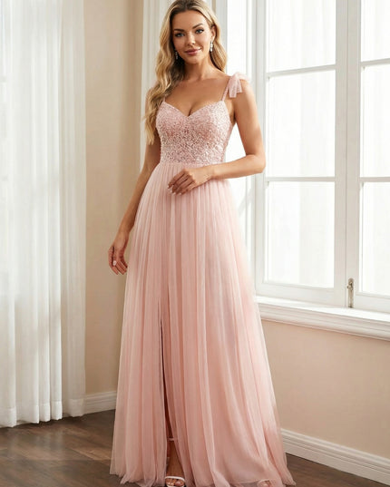 Tulle Sequin Bridesmaid Dresses A Line Wedding Guest Gowns with Slit