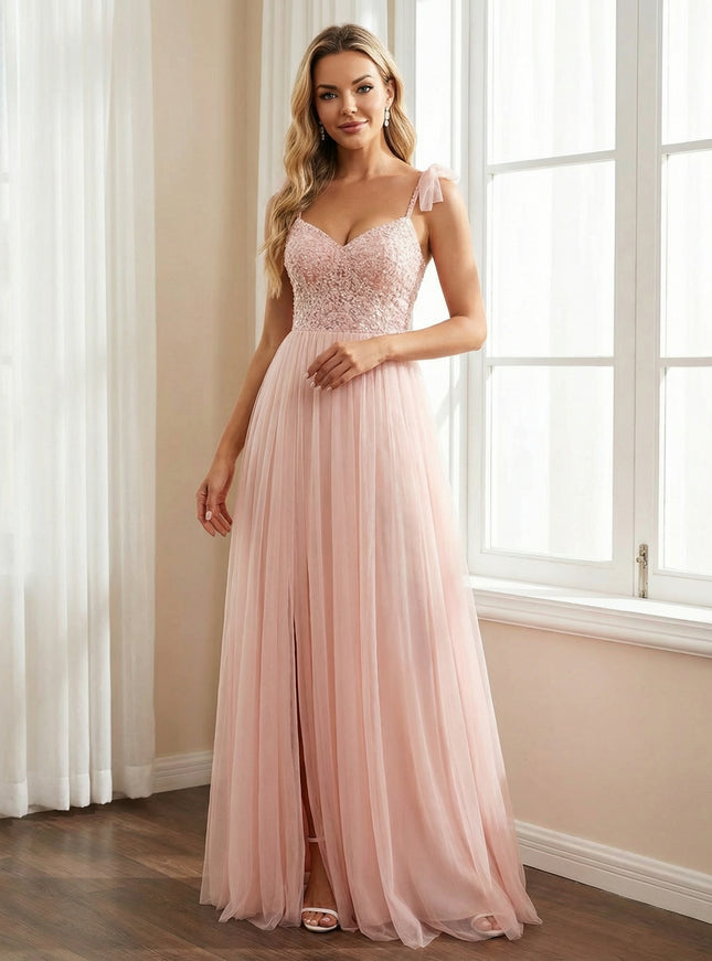 Tulle Sequin Bridesmaid Dresses A Line Wedding Guest Gowns with Slit