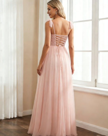 Tulle Sequin Bridesmaid Dresses A Line Wedding Guest Gowns with Slit