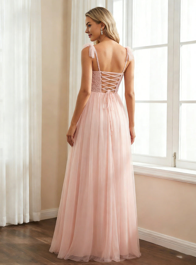 Tulle Sequin Bridesmaid Dresses A Line Wedding Guest Gowns with Slit