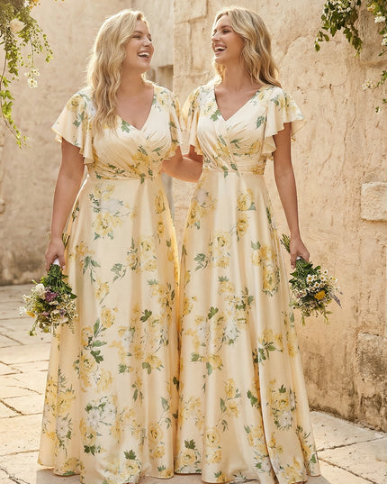 Floral V Neck Pleated A Line Bridesmaid Dresses