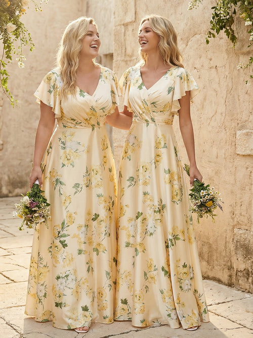 Floral V Neck Pleated A Line Bridesmaid Dresses