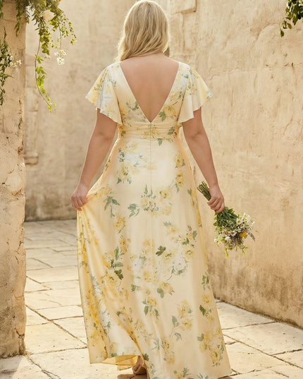 Floral V Neck Pleated A Line Bridesmaid Dresses