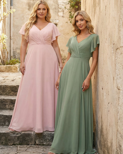 V Neck Ruffles Chiffon Pleated Bridesmaid Dresses