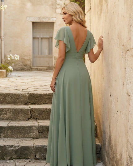 V Neck Ruffles Chiffon Pleated Bridesmaid Dresses