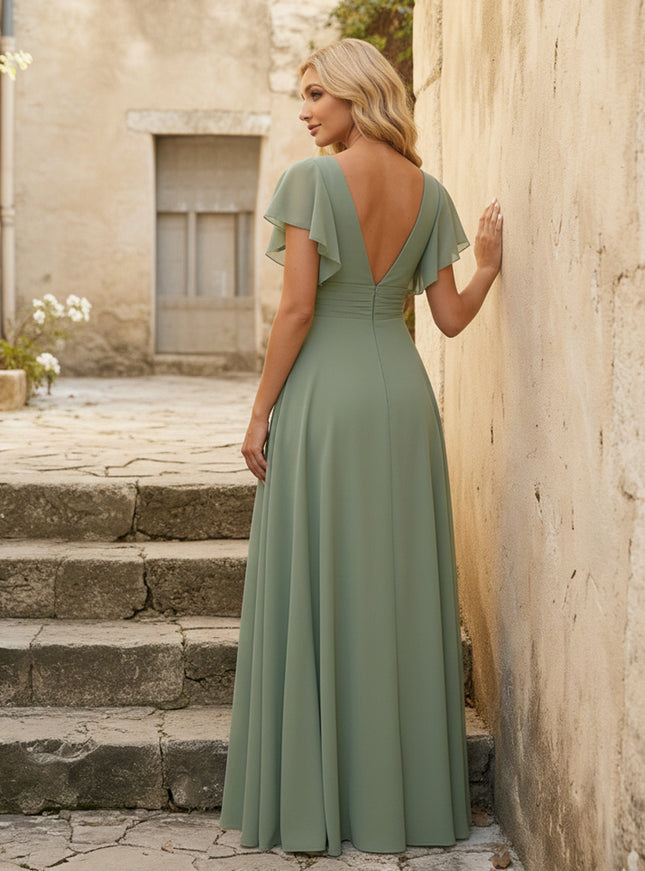 V Neck Ruffles Chiffon Pleated Bridesmaid Dresses