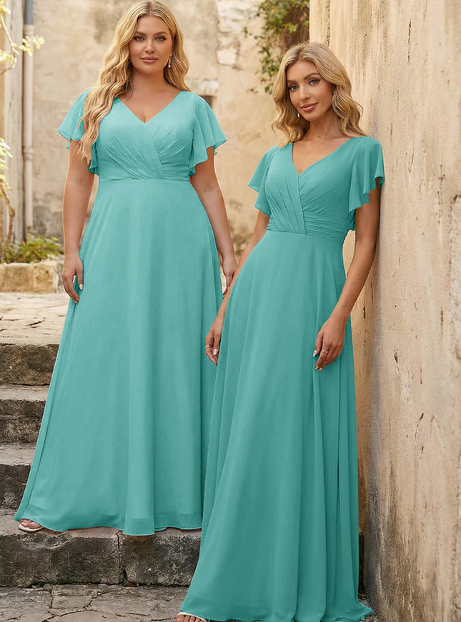 V Neck Ruffles Chiffon Pleated Bridesmaid Dresses