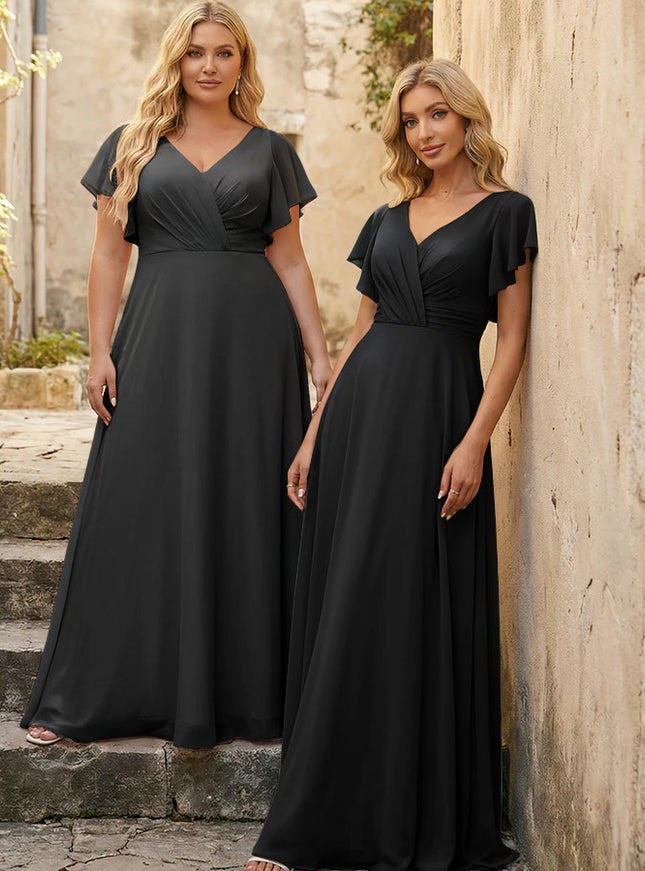 V Neck Ruffles Chiffon Pleated Bridesmaid Dresses