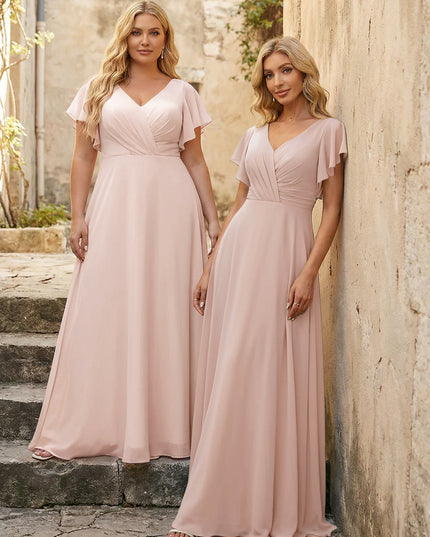 V Neck Ruffles Chiffon Pleated Bridesmaid Dresses