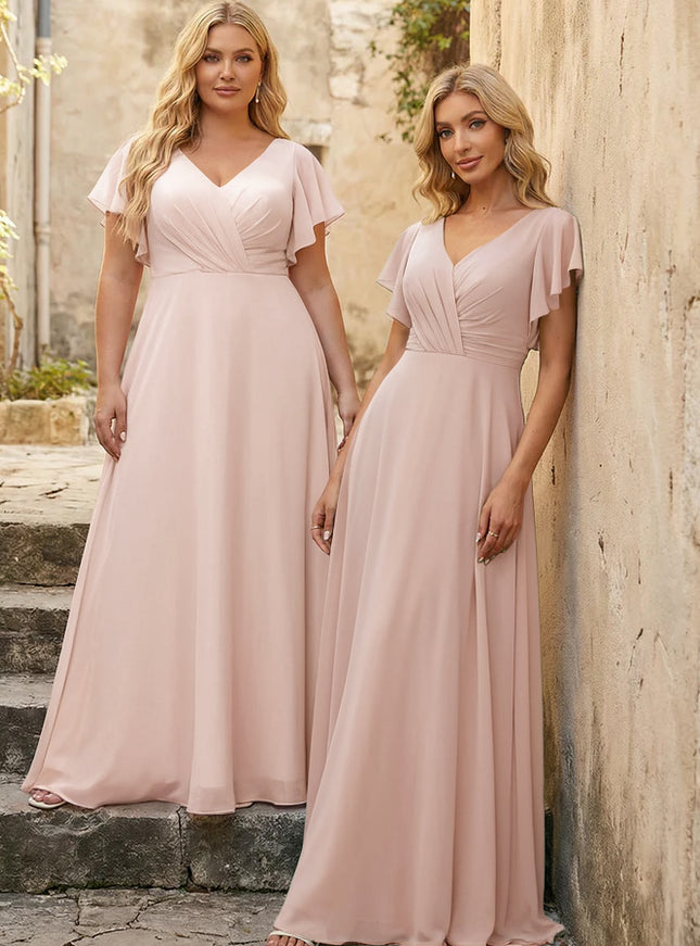 V Neck Ruffles Chiffon Pleated Bridesmaid Dresses