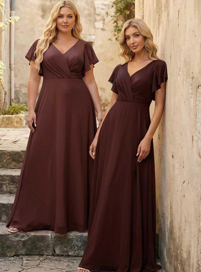 V Neck Ruffles Chiffon Pleated Bridesmaid Dresses