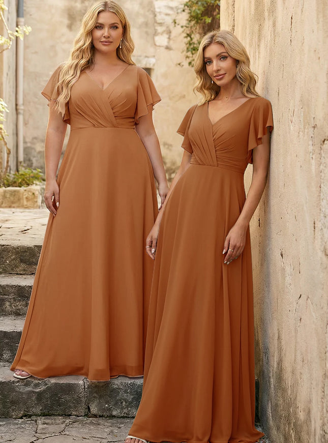 V Neck Ruffles Chiffon Pleated Bridesmaid Dresses