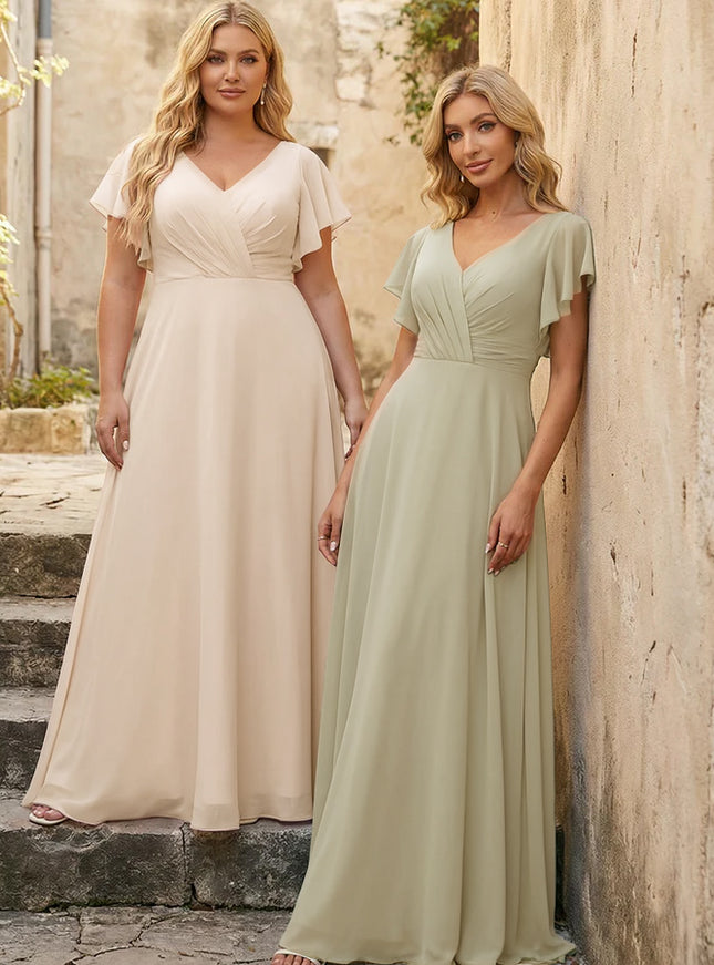 V Neck Ruffles Chiffon Pleated Bridesmaid Dresses