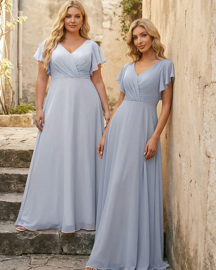 V Neck Ruffles Chiffon Pleated Bridesmaid Dresses
