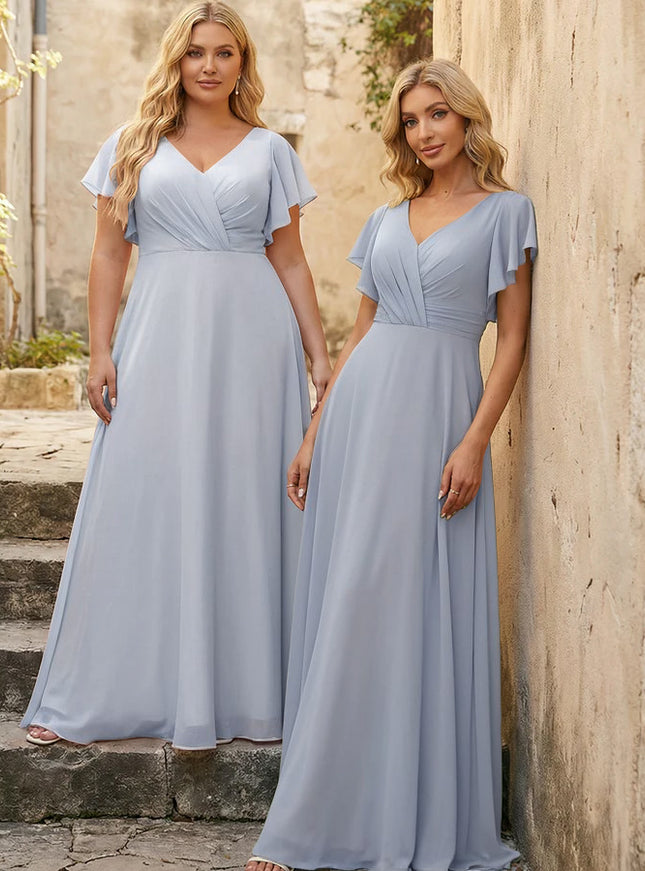 V Neck Ruffles Chiffon Pleated Bridesmaid Dresses
