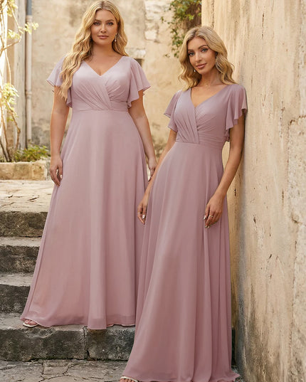 V Neck Ruffles Chiffon Pleated Bridesmaid Dresses