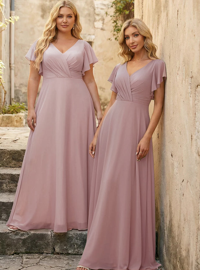 V Neck Ruffles Chiffon Pleated Bridesmaid Dresses