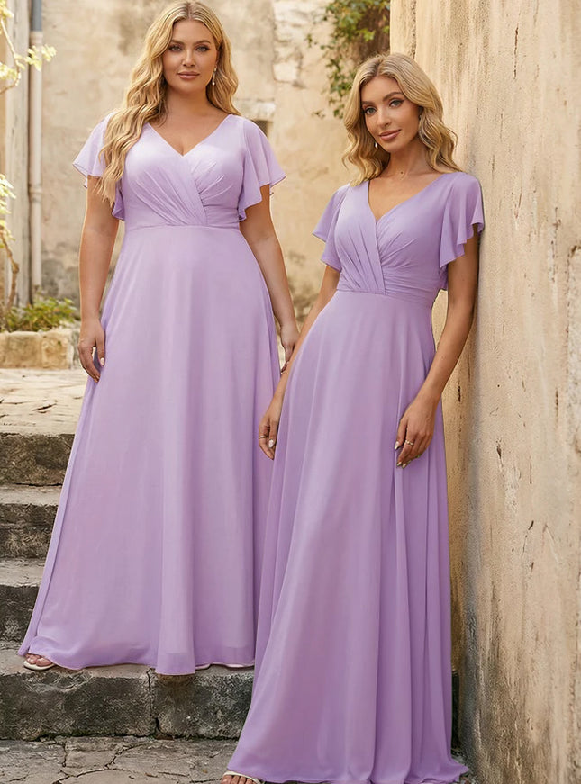 V Neck Ruffles Chiffon Pleated Bridesmaid Dresses