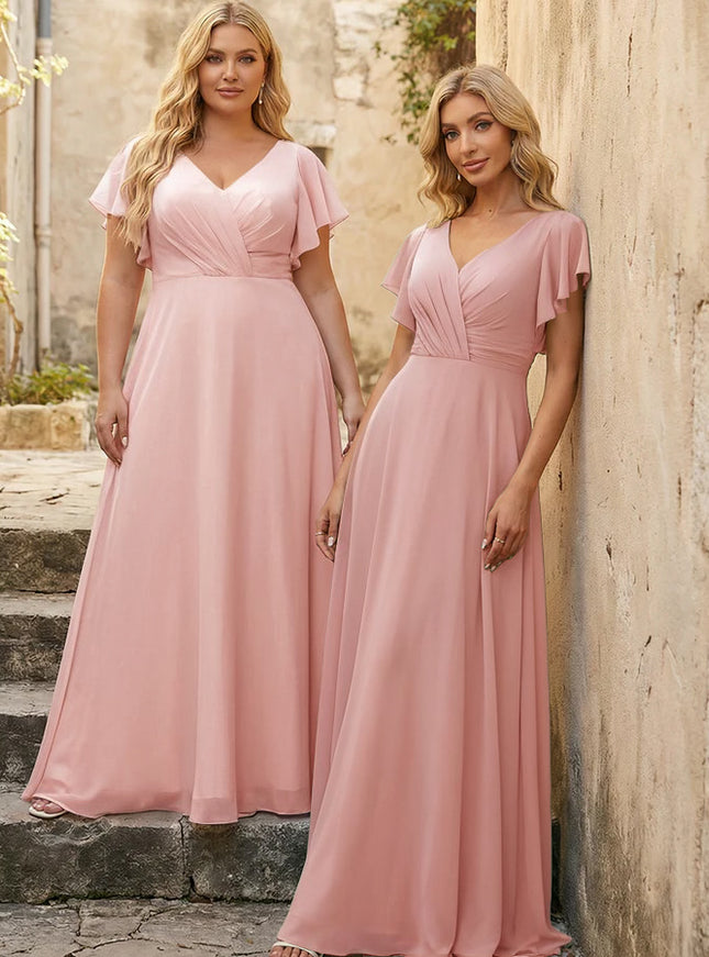 V Neck Ruffles Chiffon Pleated Bridesmaid Dresses