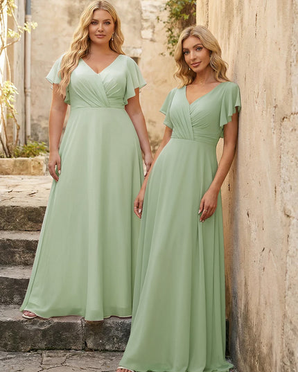 V Neck Ruffles Chiffon Pleated Bridesmaid Dresses