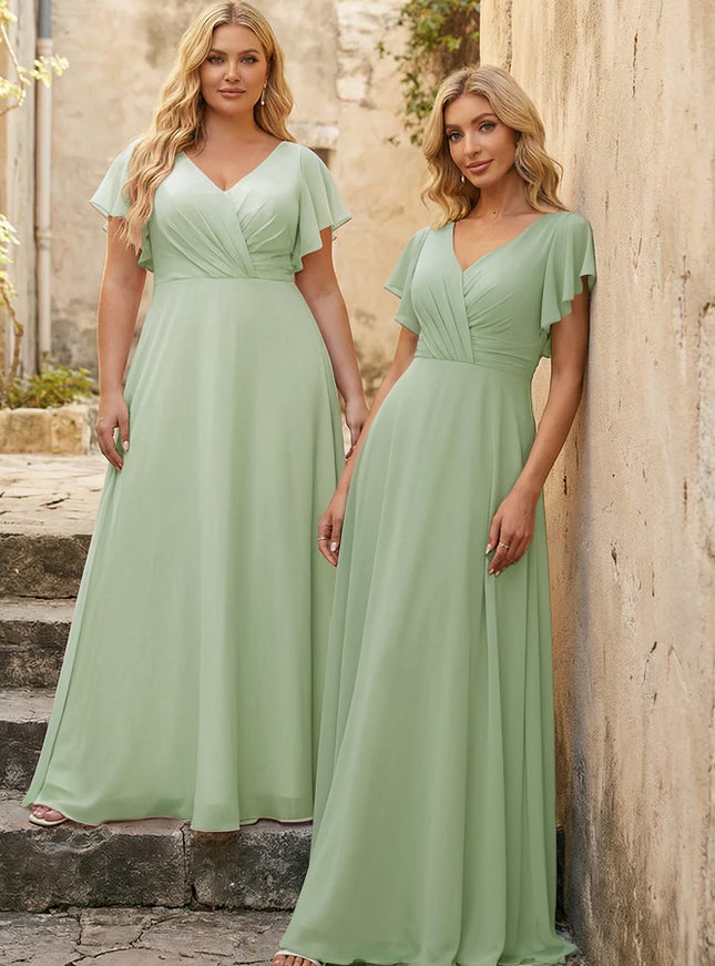 V Neck Ruffles Chiffon Pleated Bridesmaid Dresses