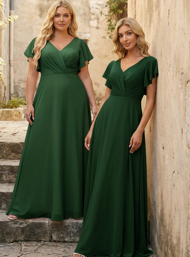 V Neck Ruffles Chiffon Pleated Bridesmaid Dresses