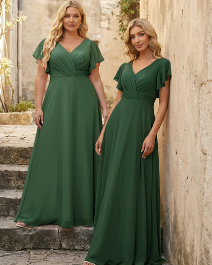 V Neck Ruffles Chiffon Pleated Bridesmaid Dresses