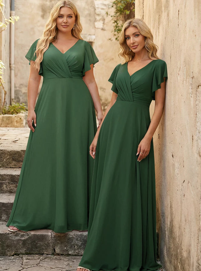 V Neck Ruffles Chiffon Pleated Bridesmaid Dresses