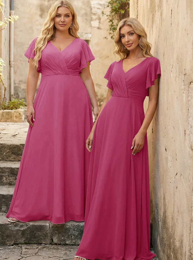 V Neck Ruffles Chiffon Pleated Bridesmaid Dresses