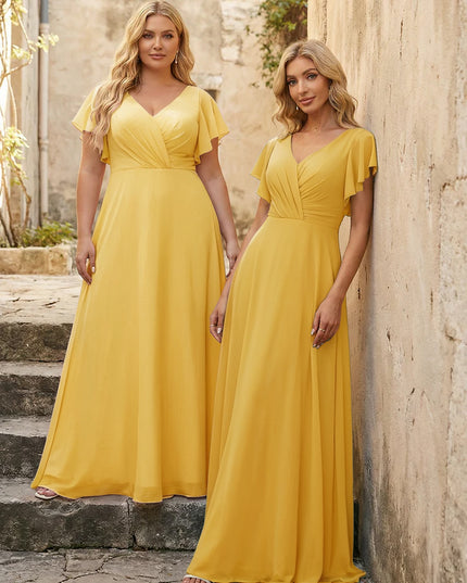 V Neck Ruffles Chiffon Pleated Bridesmaid Dresses