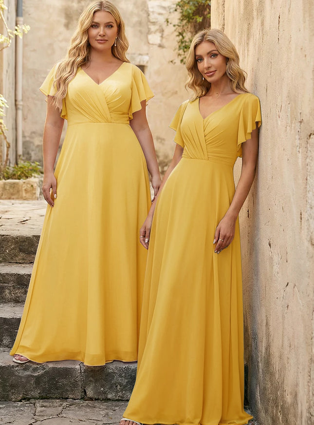 V Neck Ruffles Chiffon Pleated Bridesmaid Dresses