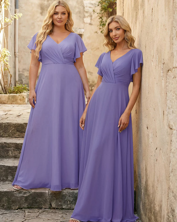 V Neck Ruffles Chiffon Pleated Bridesmaid Dresses