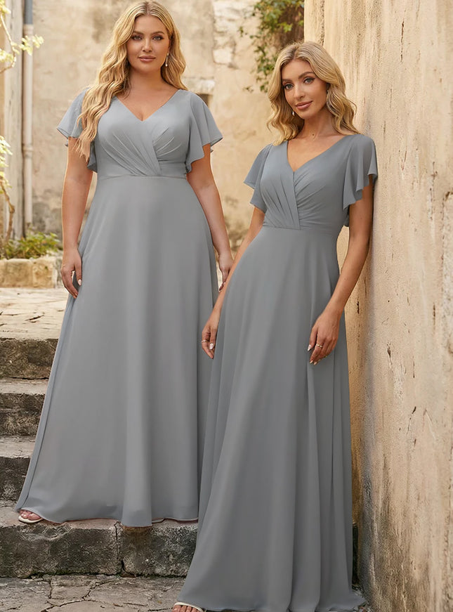V Neck Ruffles Chiffon Pleated Bridesmaid Dresses