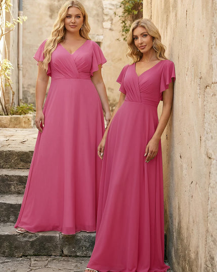 V Neck Ruffles Chiffon Pleated Bridesmaid Dresses