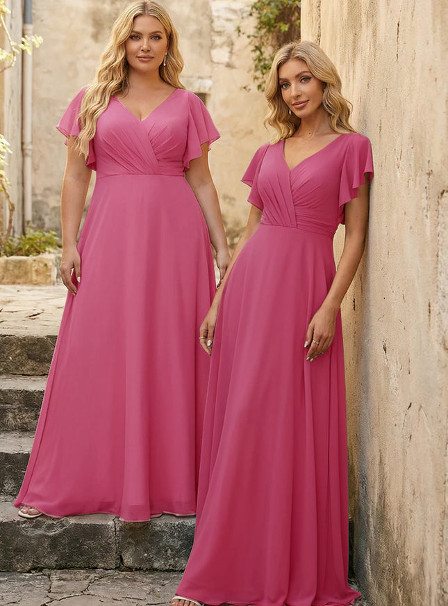 V Neck Ruffles Chiffon Pleated Bridesmaid Dresses