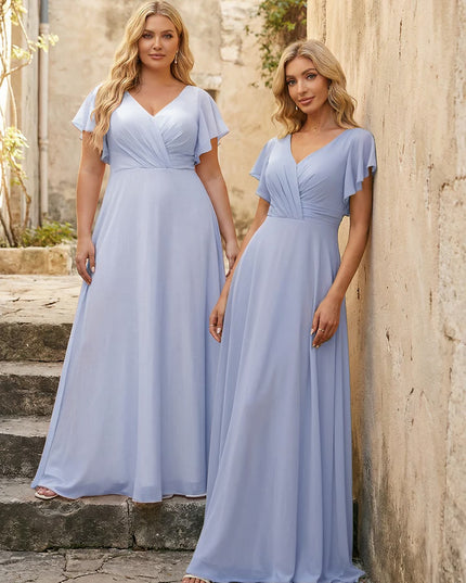 V Neck Ruffles Chiffon Pleated Bridesmaid Dresses